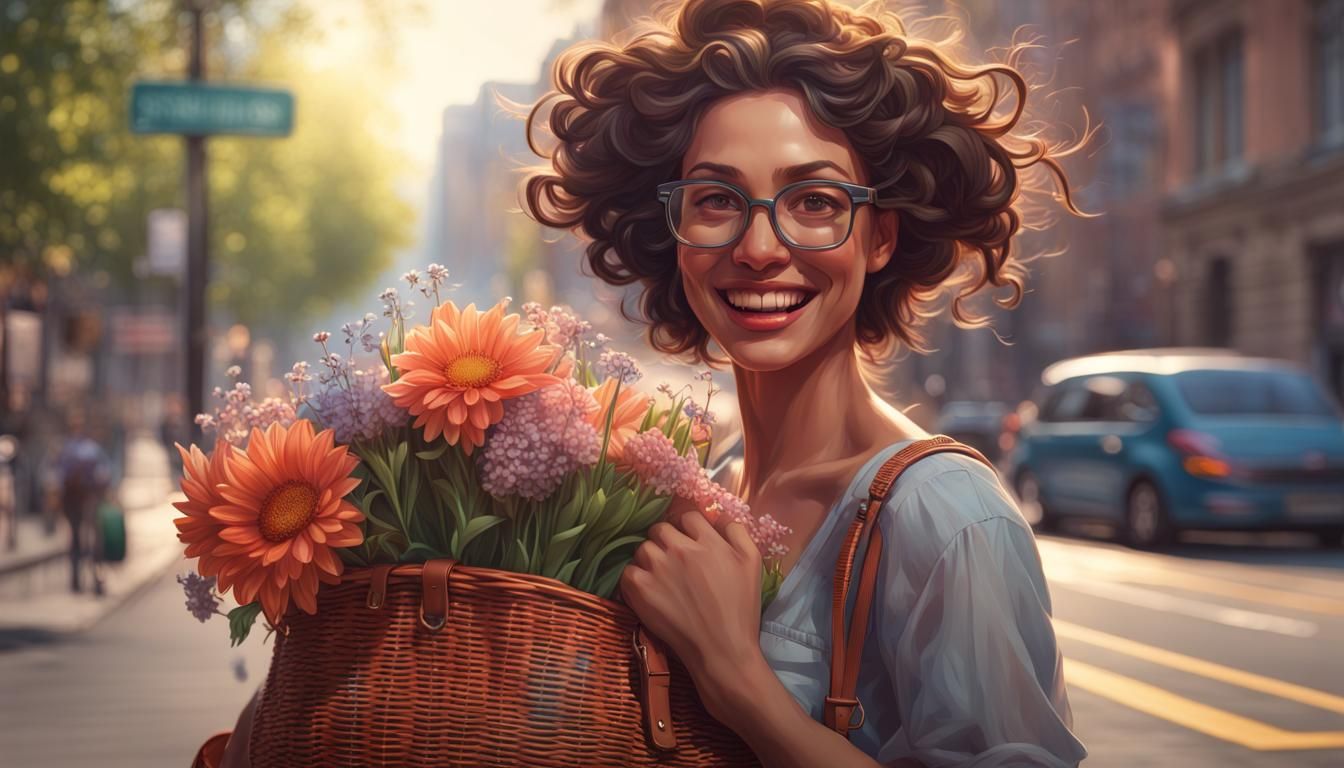 Woman with Flowers Portrait in Art Nouveau Style