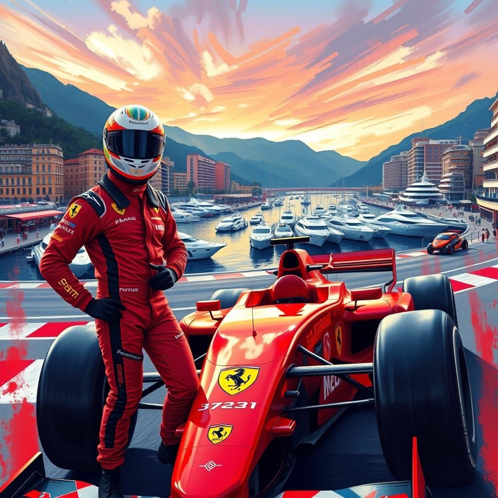 Confident Ferrari Driver Stands Beside Sleek Formula One Car...