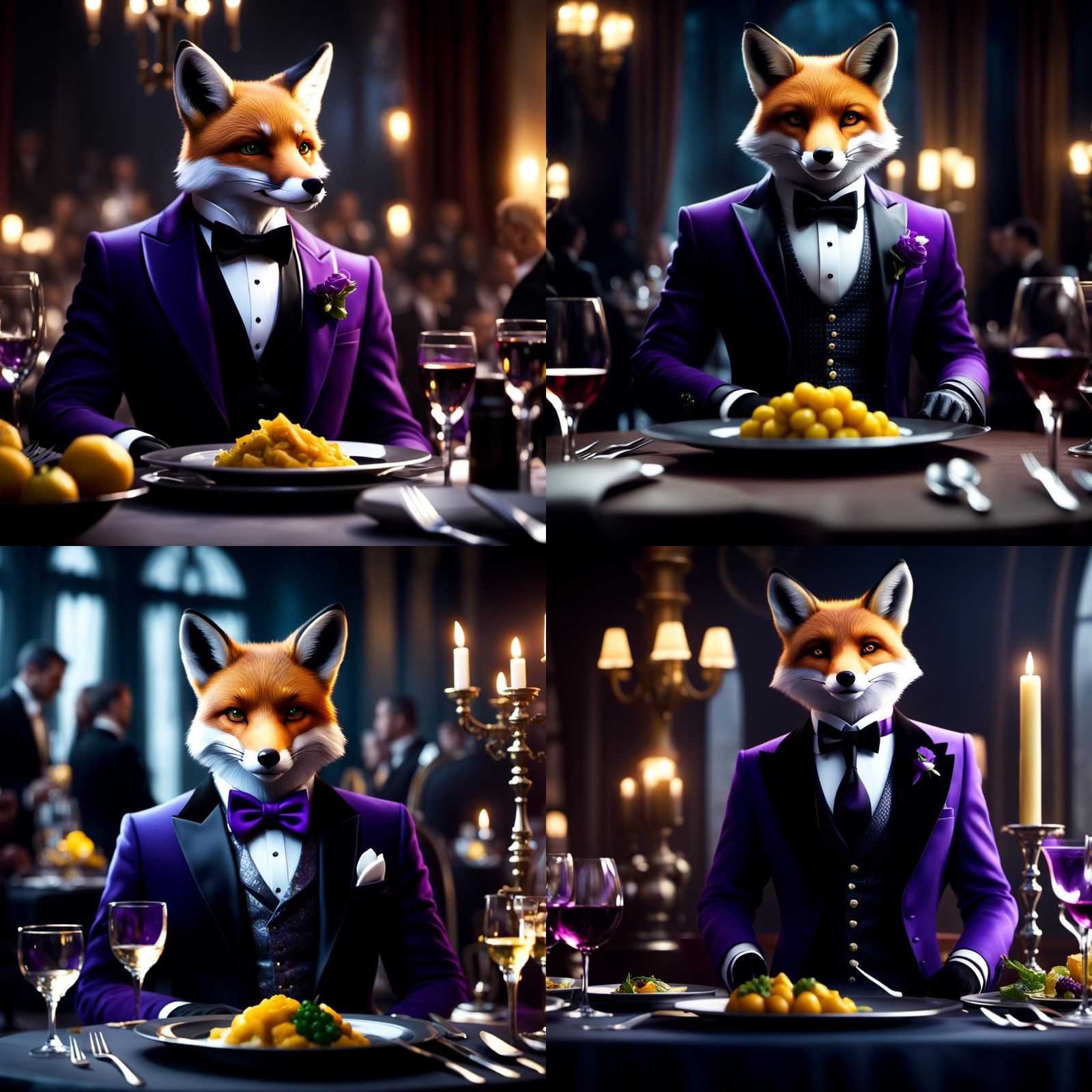 Fox in Tuxedo at Dinner Party in Dark Fantasy Style