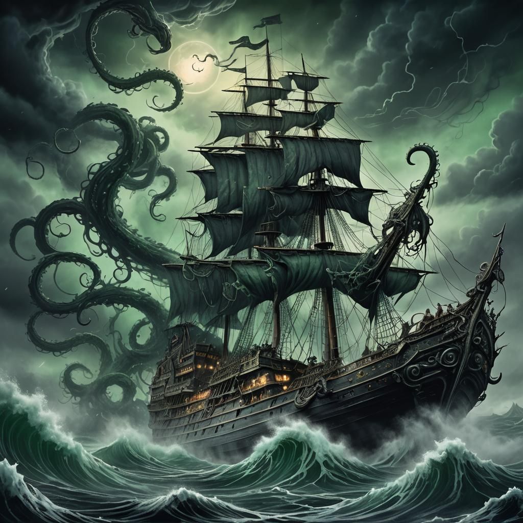 Kraken Attacks Ship in Stormy Night Sea