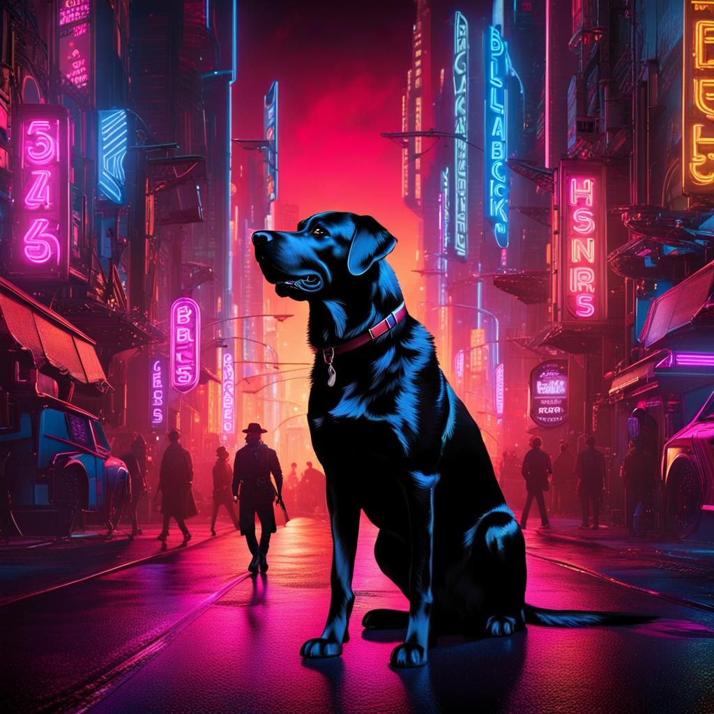 Black Dog Strolls Through Neon Streets