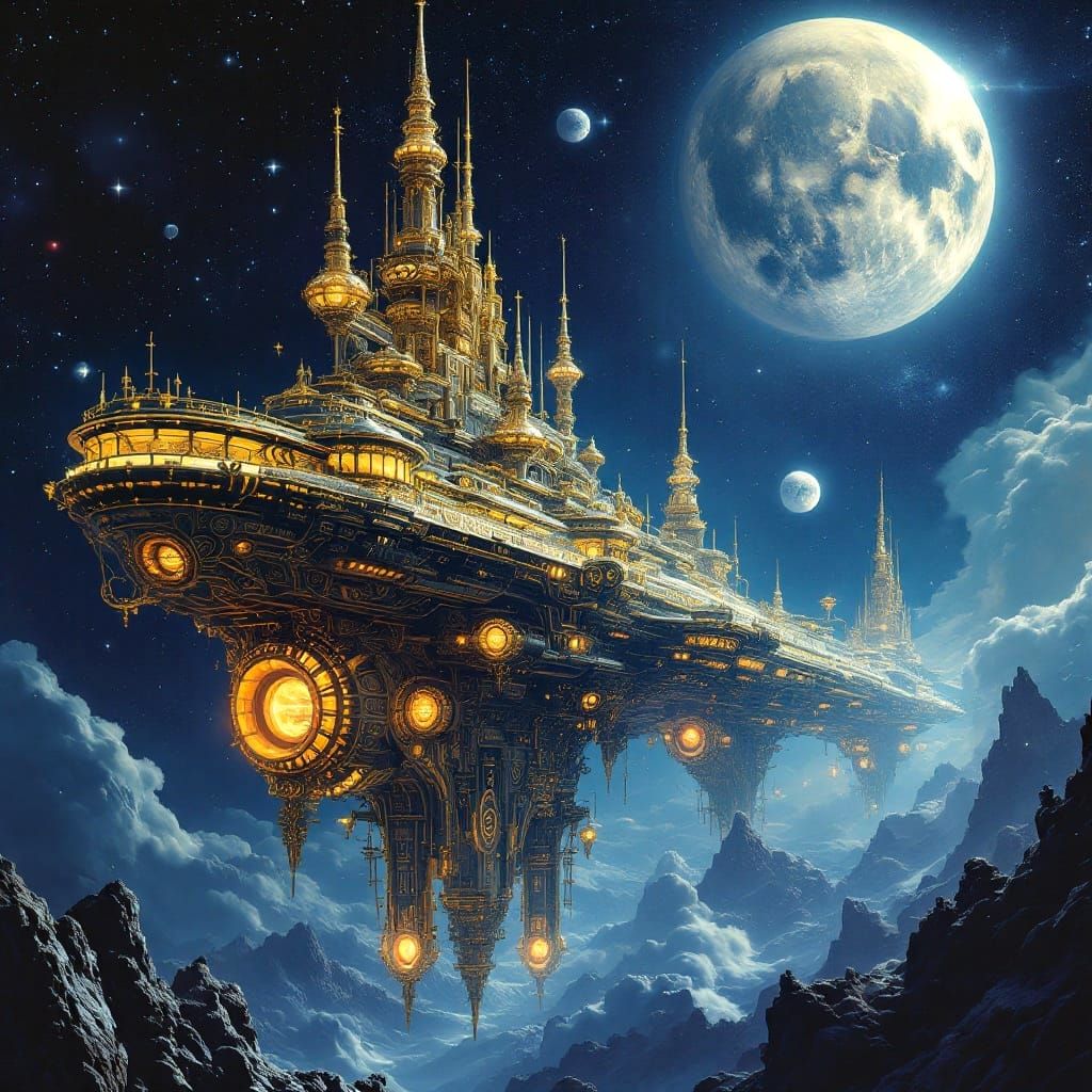 Baroque Futuristic Spaceship Amidst Starry Panorama