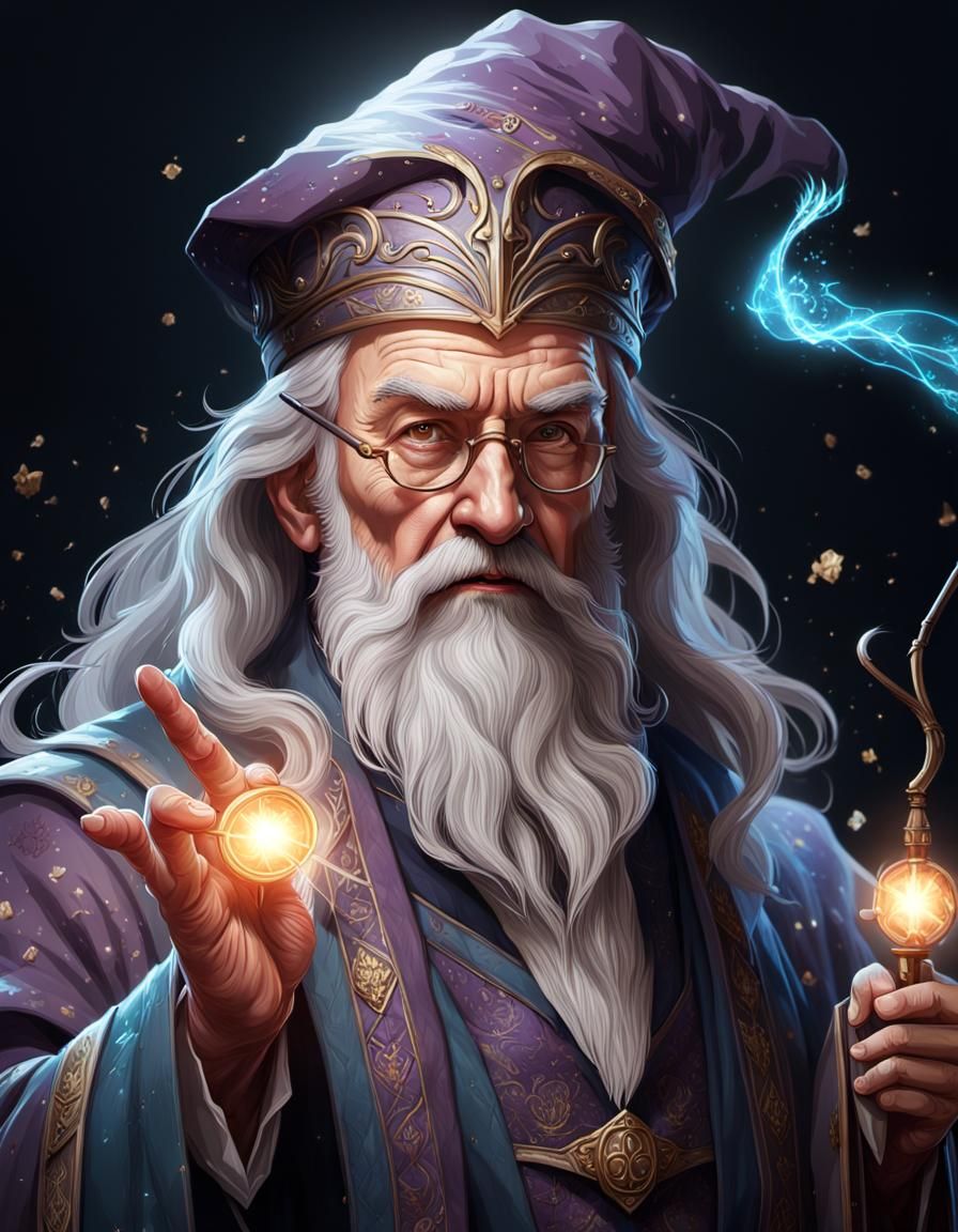Dumbledore Portrait with Magic Wand in Hyperdetailed Style