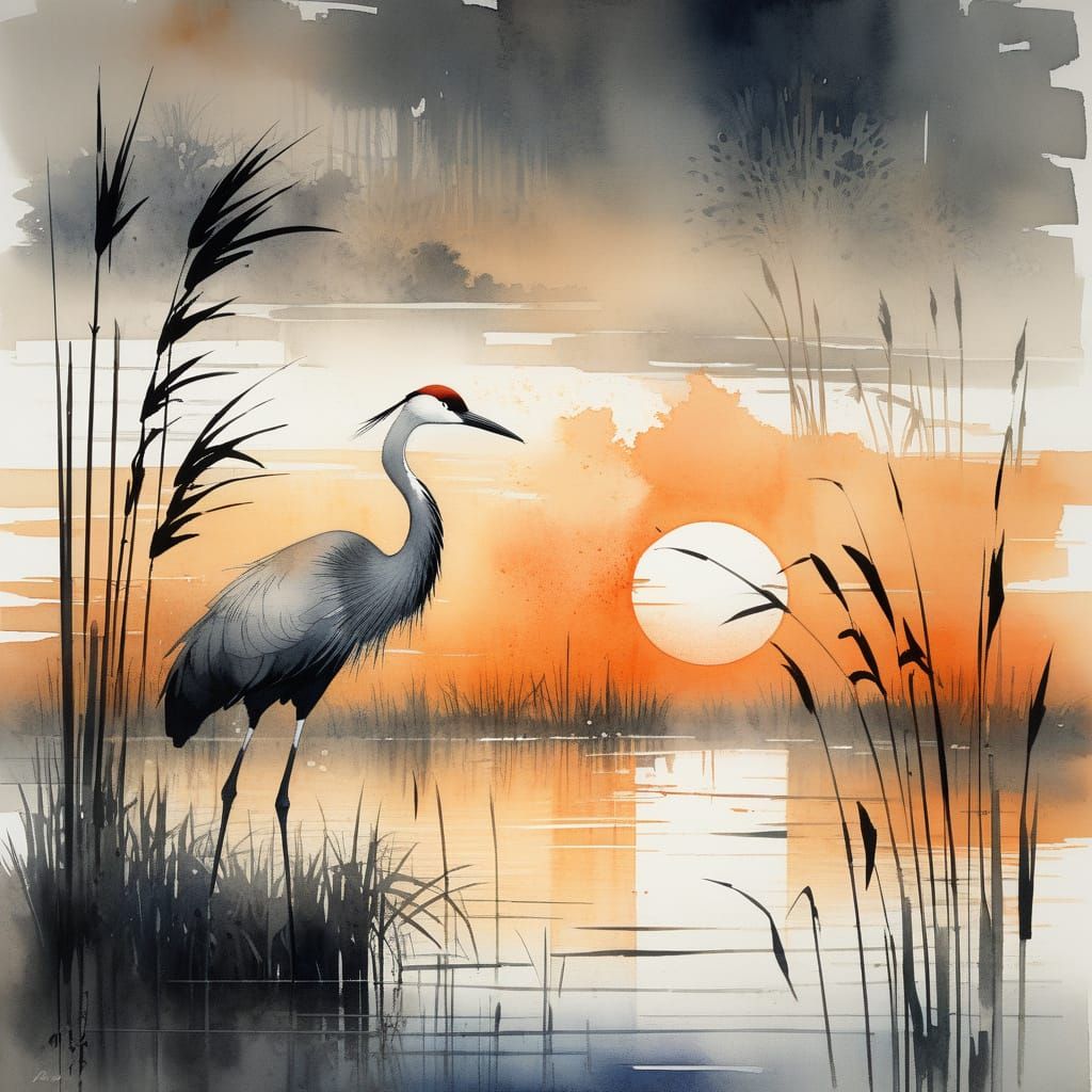 Crane in Reeds at Dawn: Watercolor Art