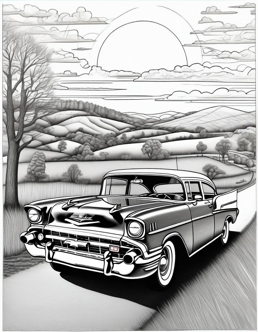 1957 Chevy on Country Road: Graphite Line Art