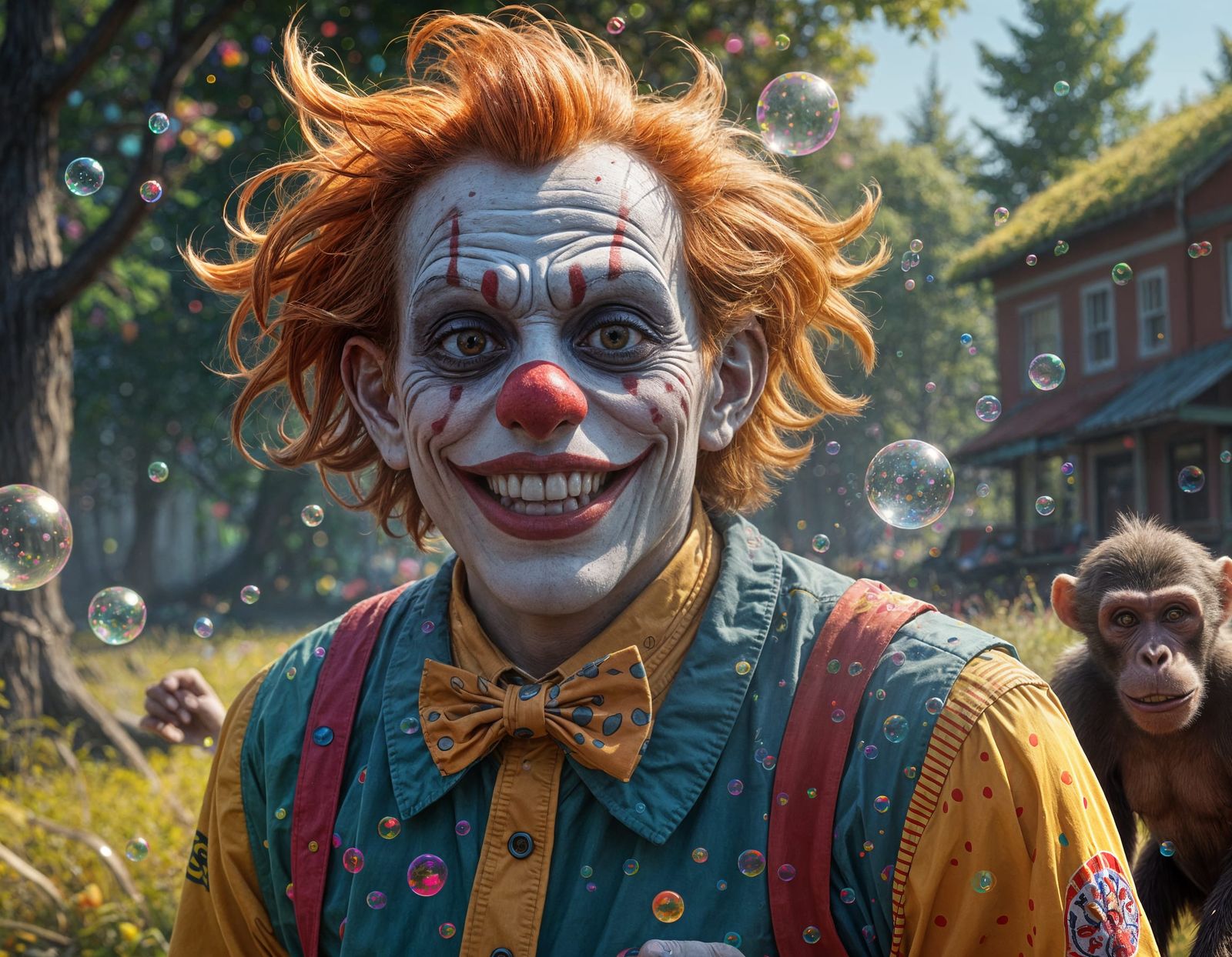 Joyful Deli Clown Surrounded by Playful Monkey Friends