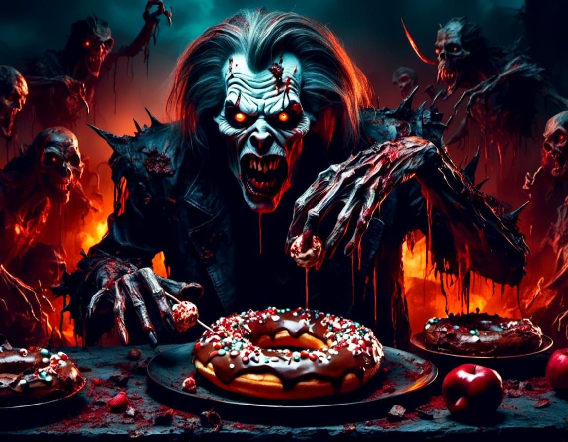 Stephen King Zombie Eats Donut, Photorealistic