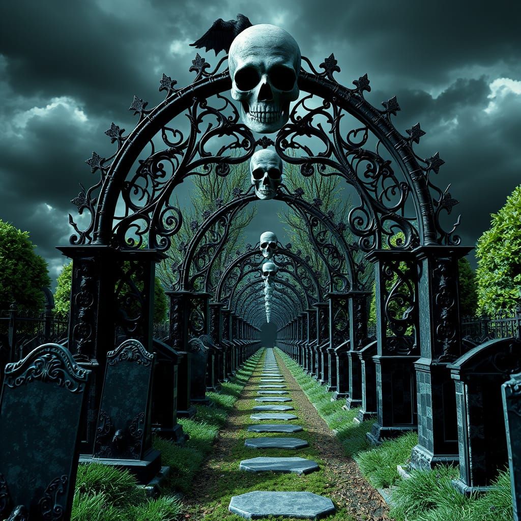 Gothic Garden Archway with Black Tombstones