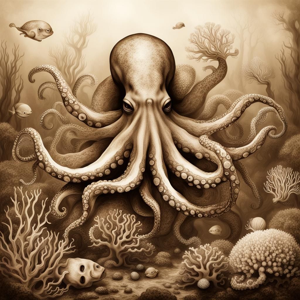 Sepia Underwater Octopus Coral Reef Masterpiece
