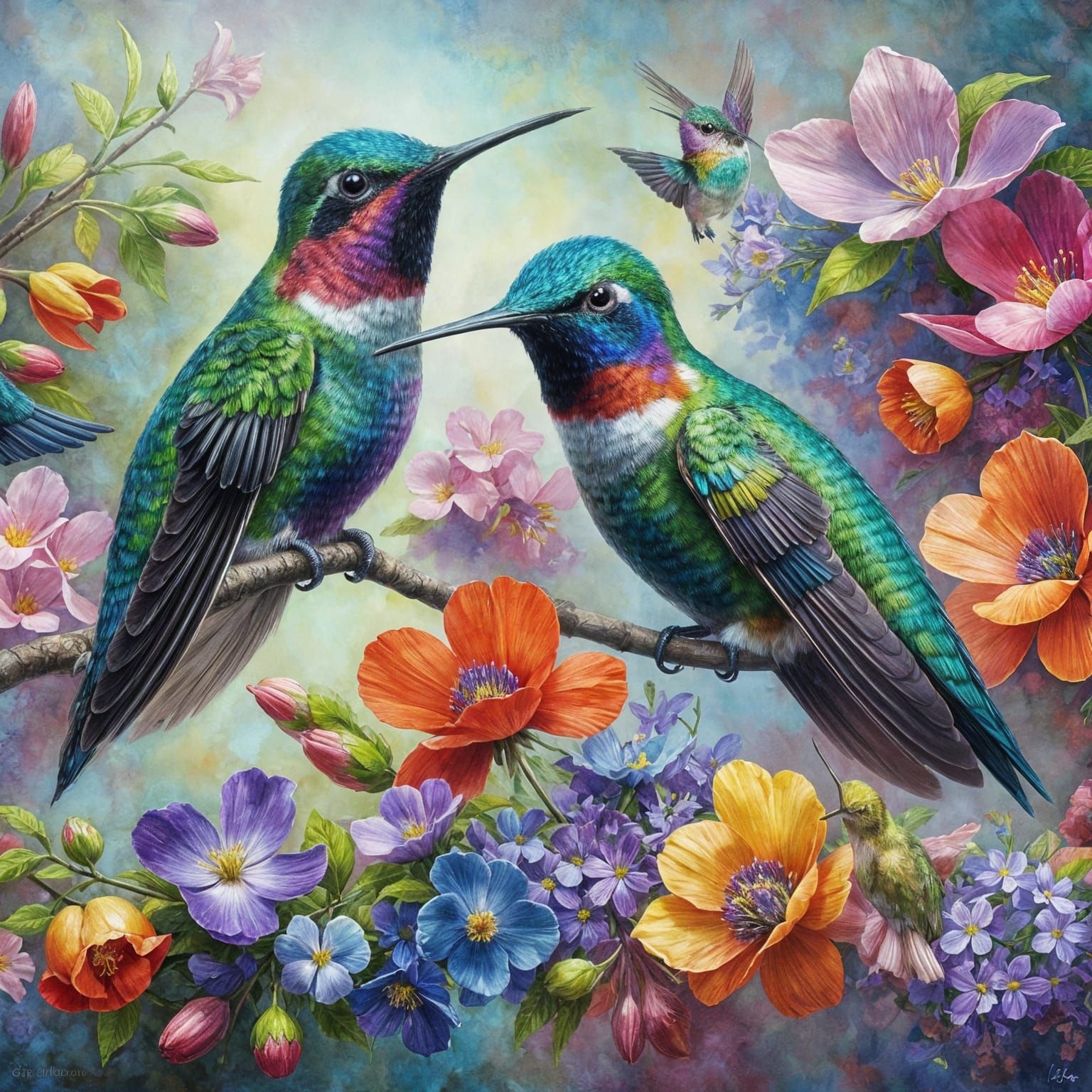 Ruby-Throated Hummingbirds in Vibrant Oil Painting