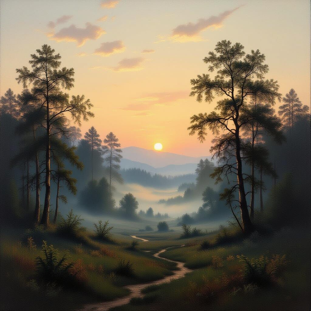 Misty Forest Landscape at Dusk Oil Painting