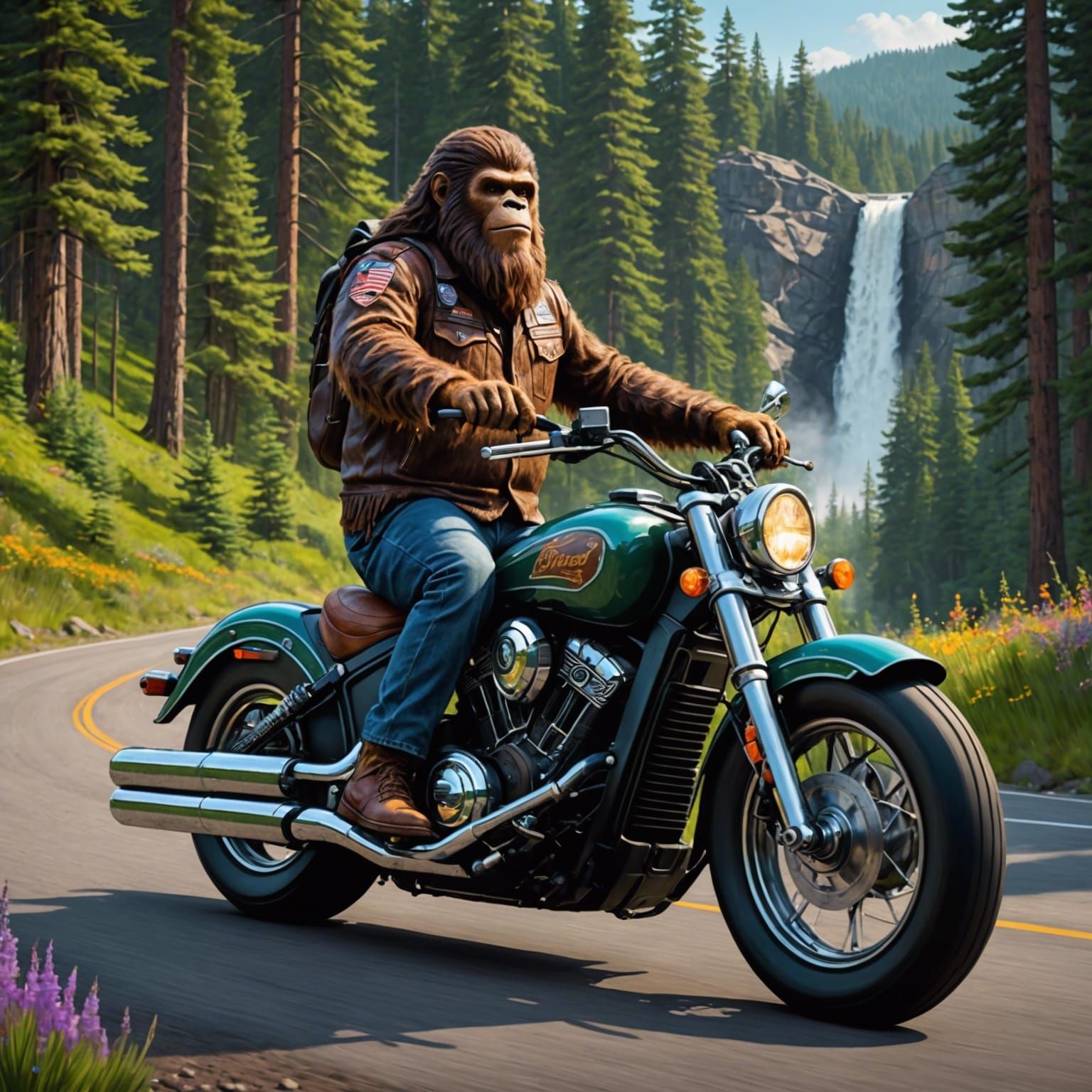 Bigfoot riding a 1940 Indian Scout Motorcycle.