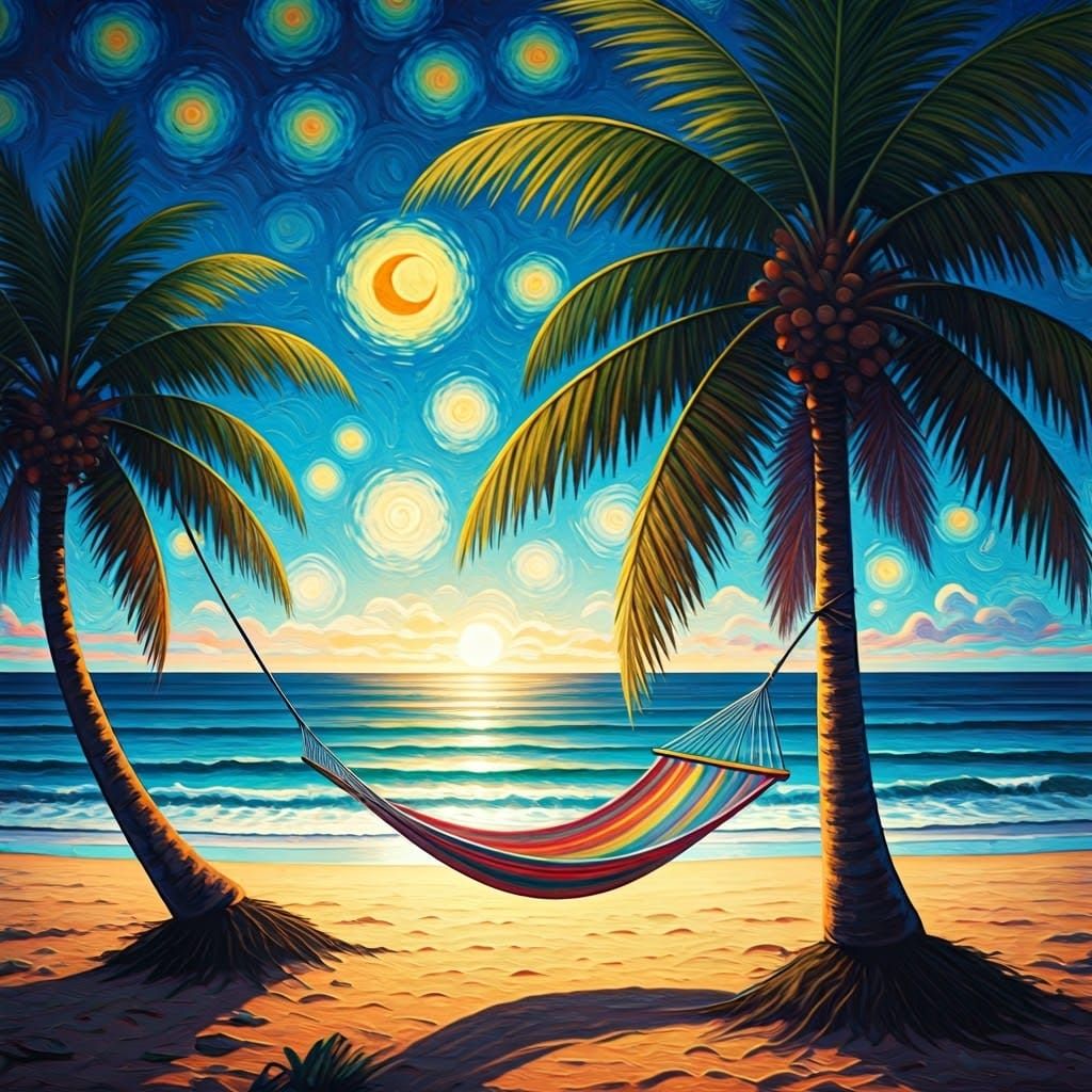 Rainbow Hammock on Beach in Starry Night Style