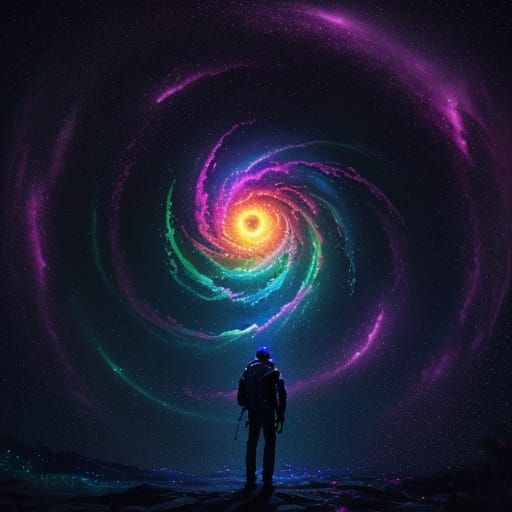 Cosmic Frog Silhouette in Vibrant Bioluminescent Landscape