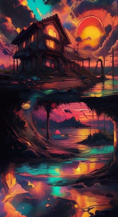 Vibrant Sunset Over Coastal Village Harbor