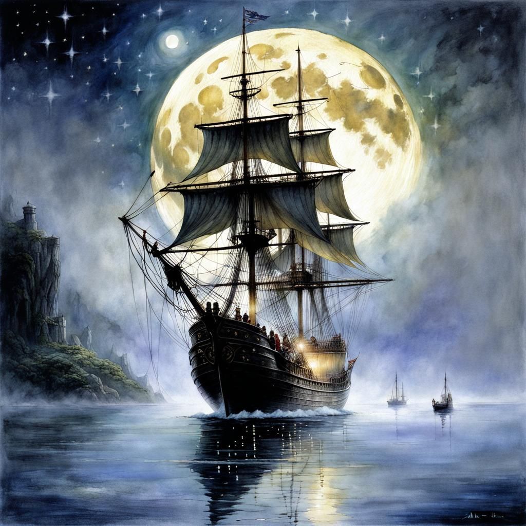 Magical Fairy Ship Emerges from Moonlight Fog