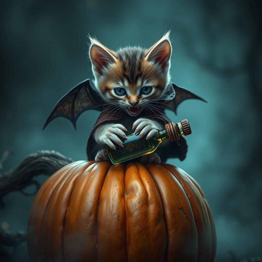Vampire Kitten on Pumpkin: Dark Fantasy Concept Art