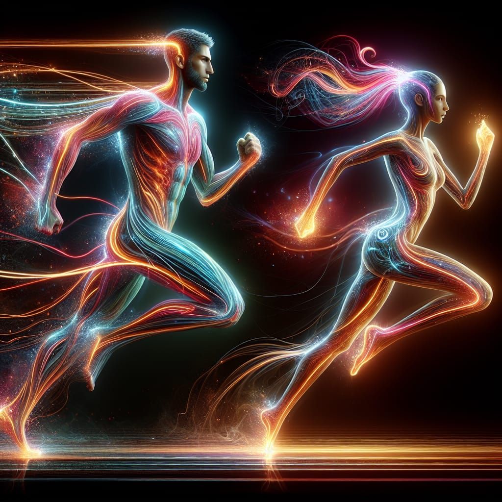 male and female figure running