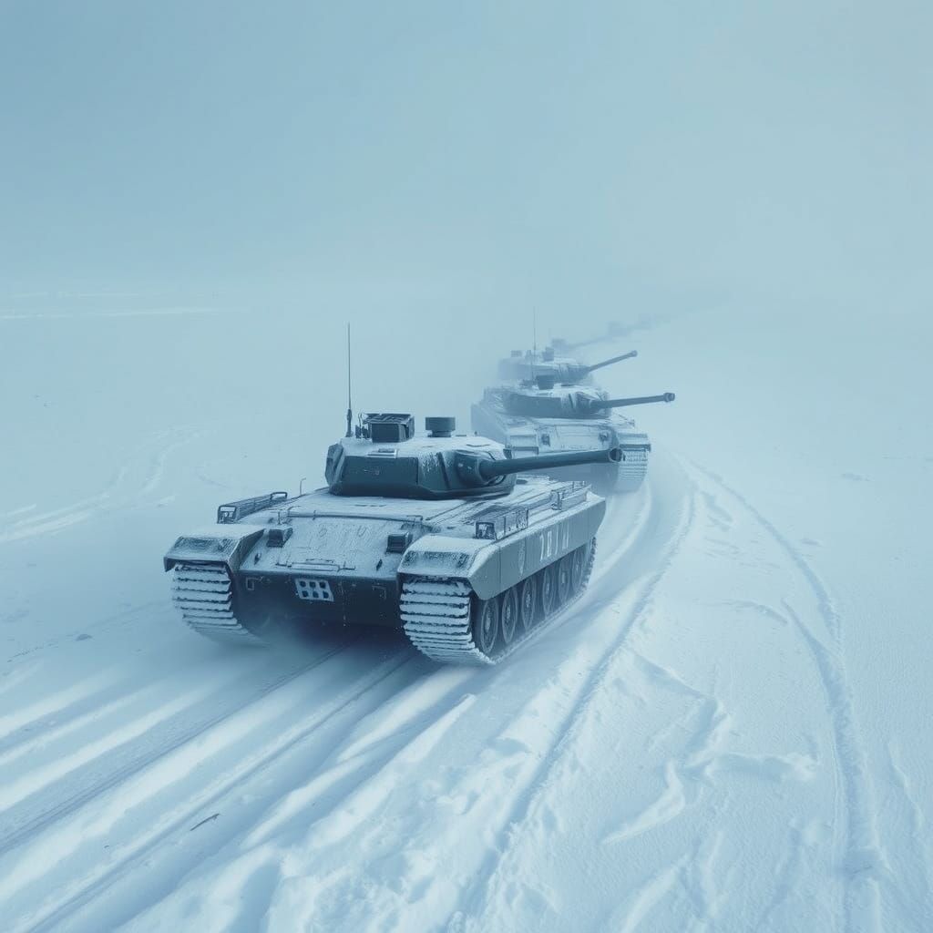 Armored Tanks Traverse Snowy Dystopian Landscape