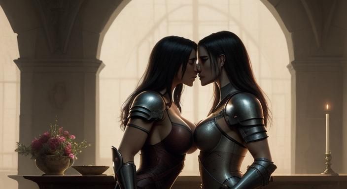Female Knights Kissing in Dark Castle Setting