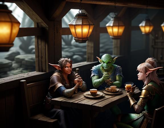 Goblins Enjoying Cocktails in Rustic Tavern: 3D Cinematic Ar...
