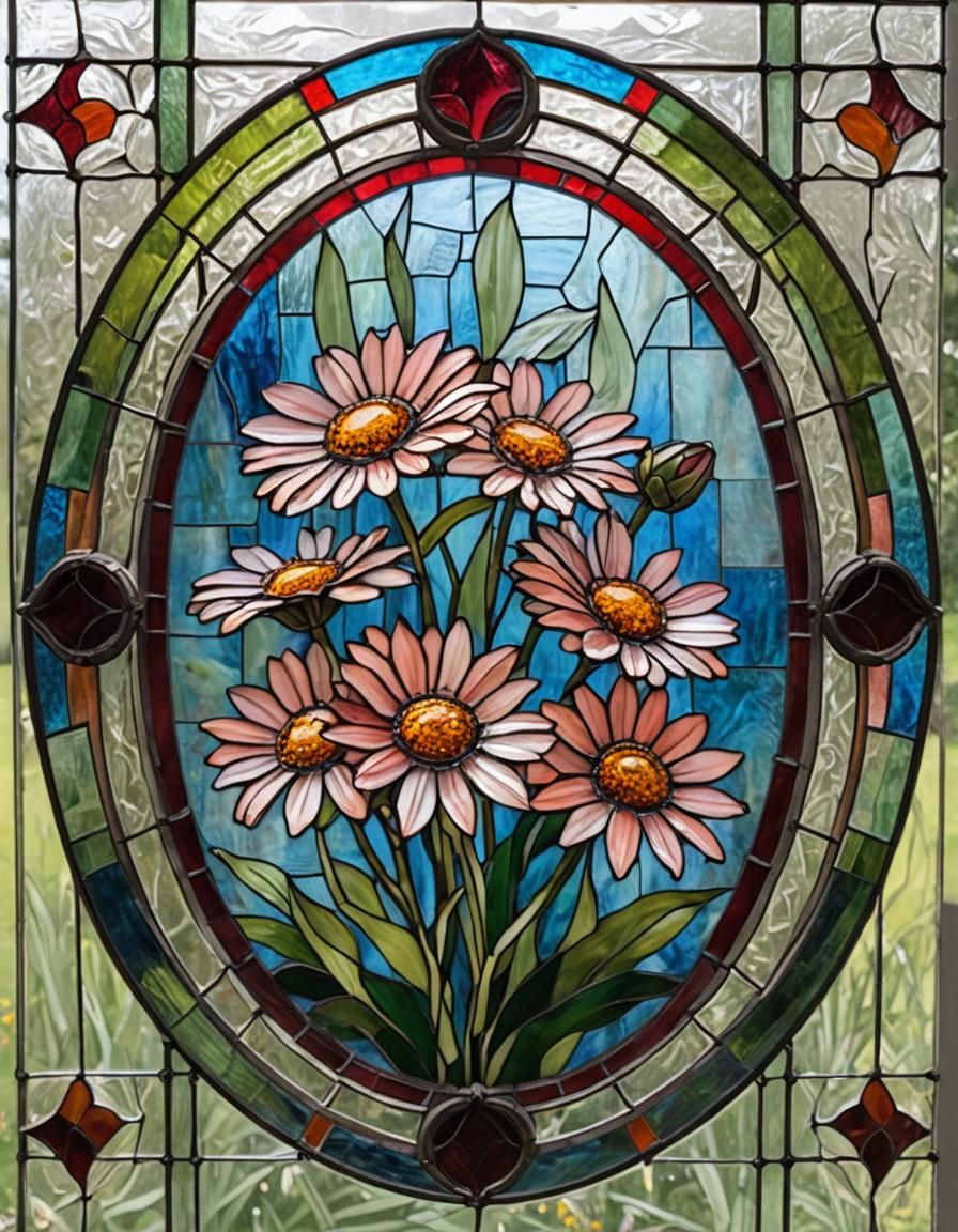Stained Glass Daisy in Oval Frame