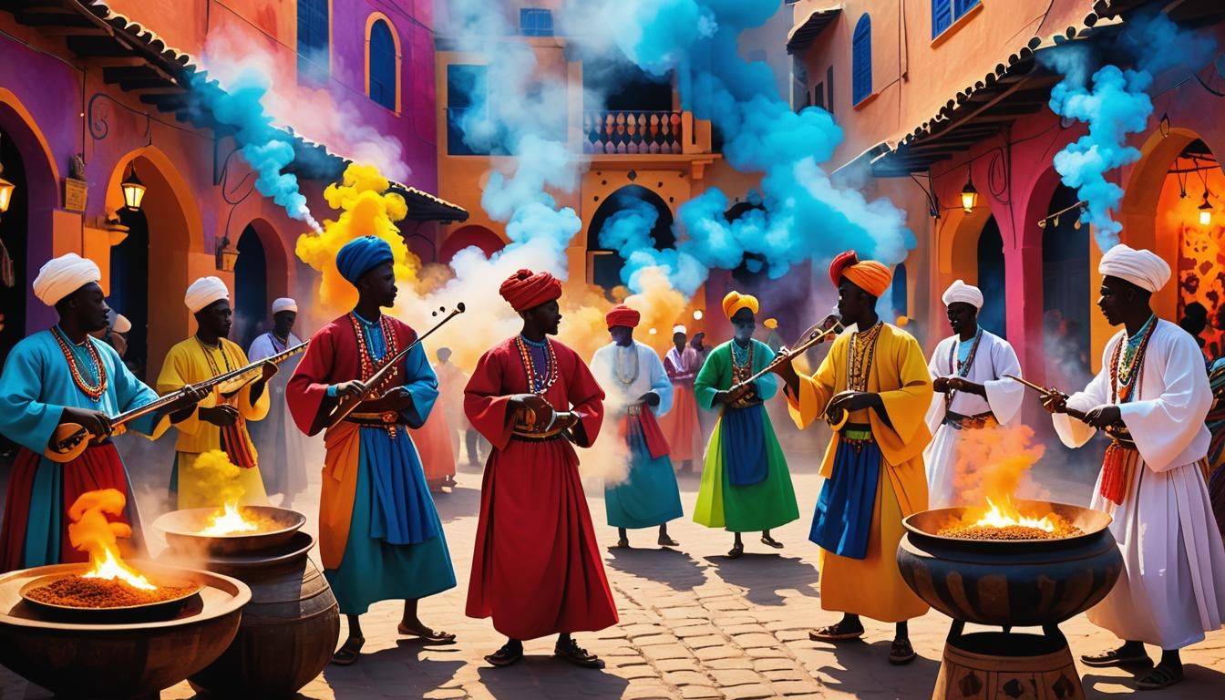 Gnaoua Musicians in a Lively Marketplace, Oil Painting Style