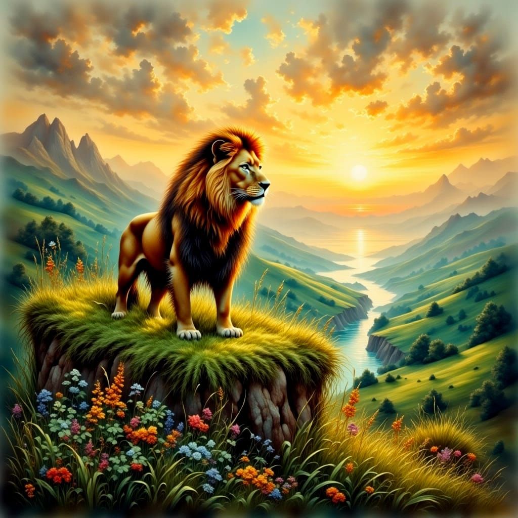 Lion Overlooking Valley in Antique Watercolor Style