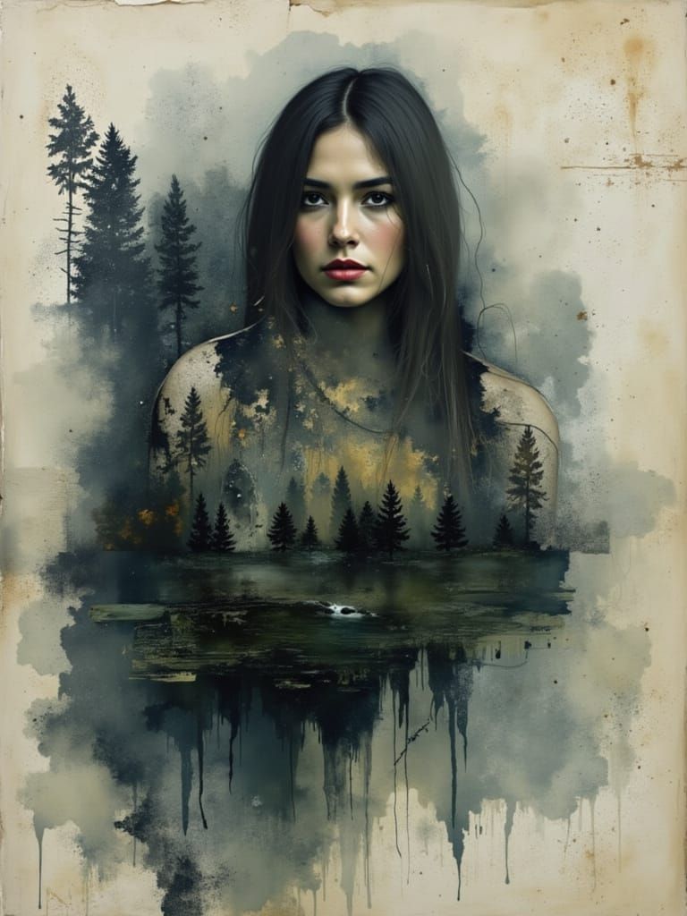 Dreamy Double Exposure: Woman, Bear, and Forest