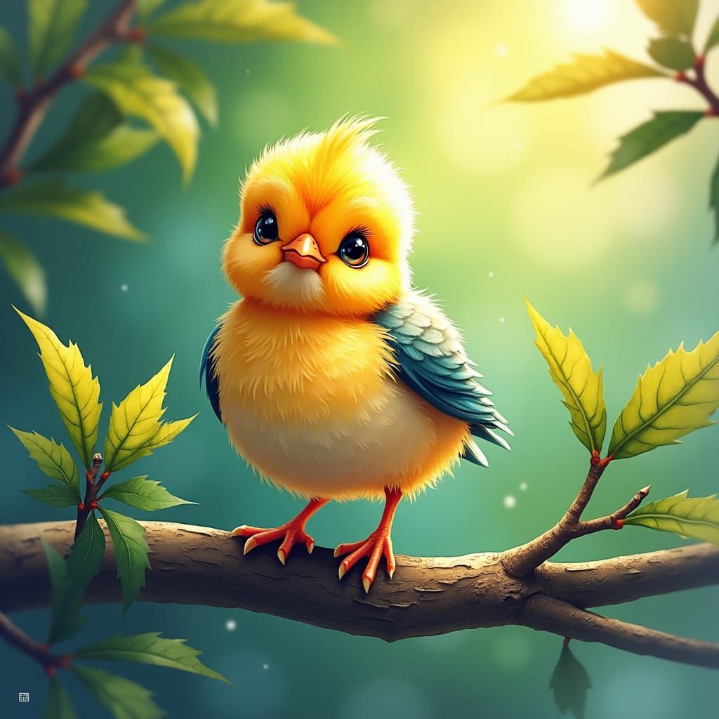 Cute Songbird Chick in Colorful Watercolor Style