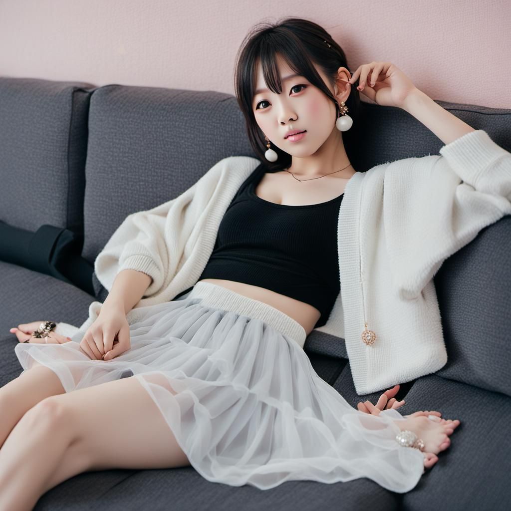 Kawaii Girl Relaxing on Plush Sofa