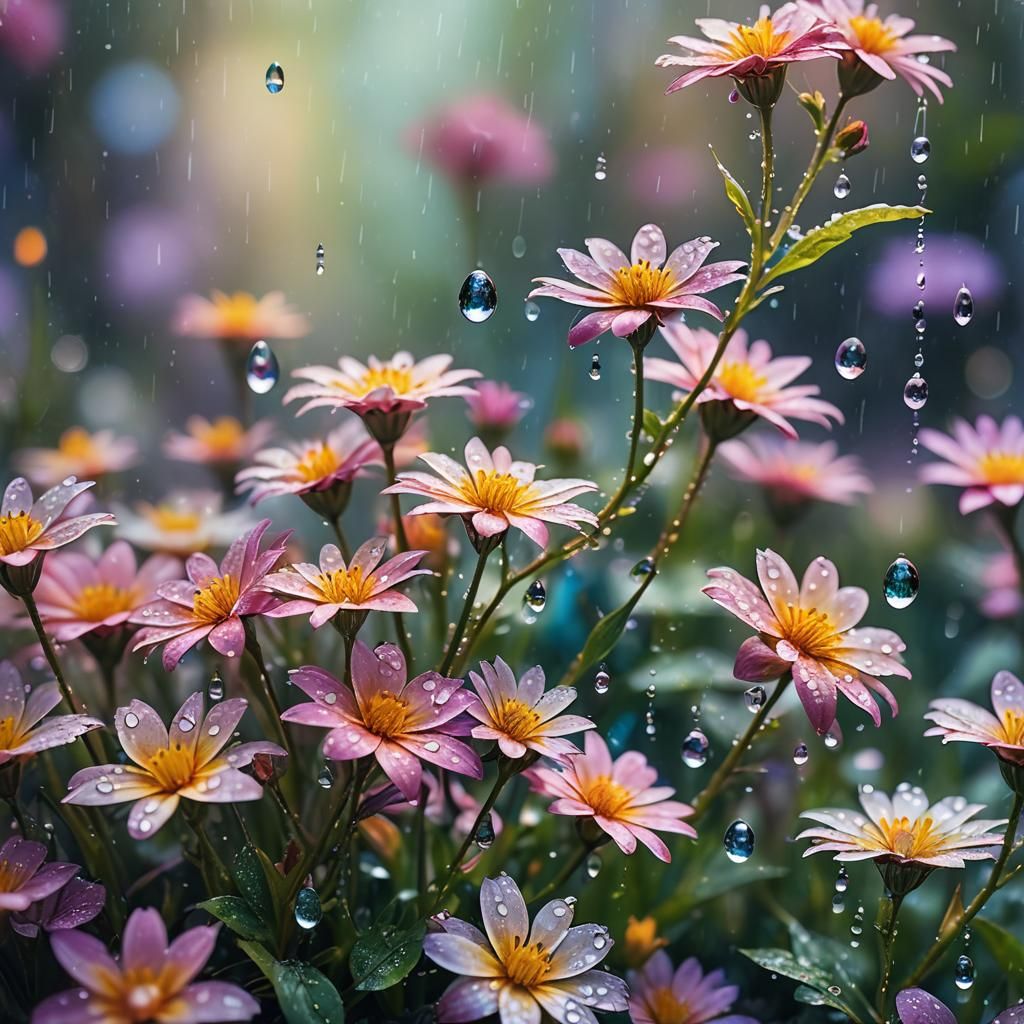 Glistening Flowers with Raindrops: Fantasy Concept Art