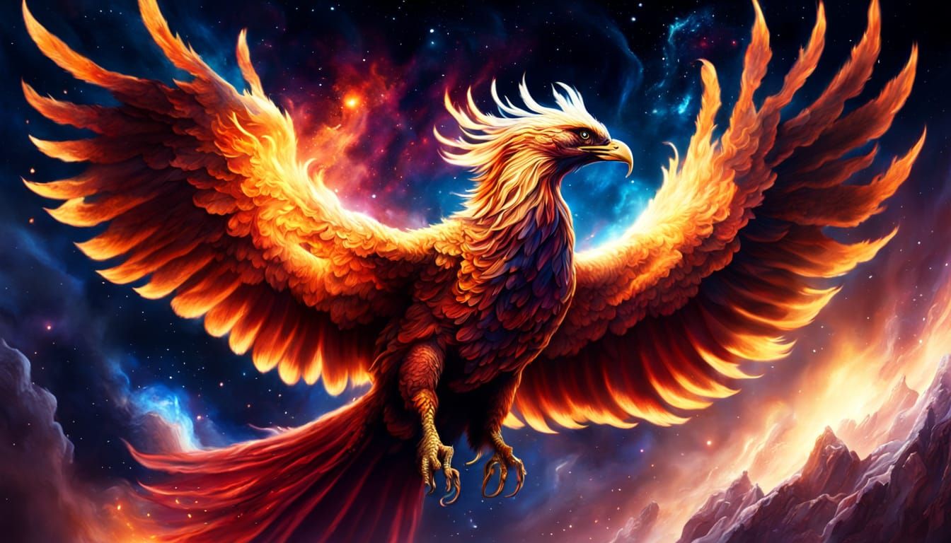 Majestic Phoenix of Gold and Fire Soars Through Cosmic Nebul...