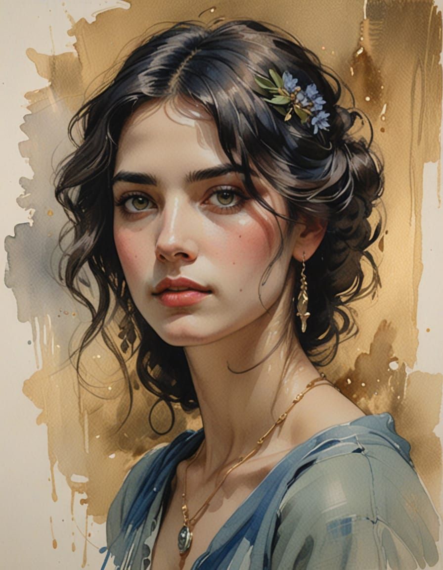 Mixed Media Portrait of a Woman with Olive Skin