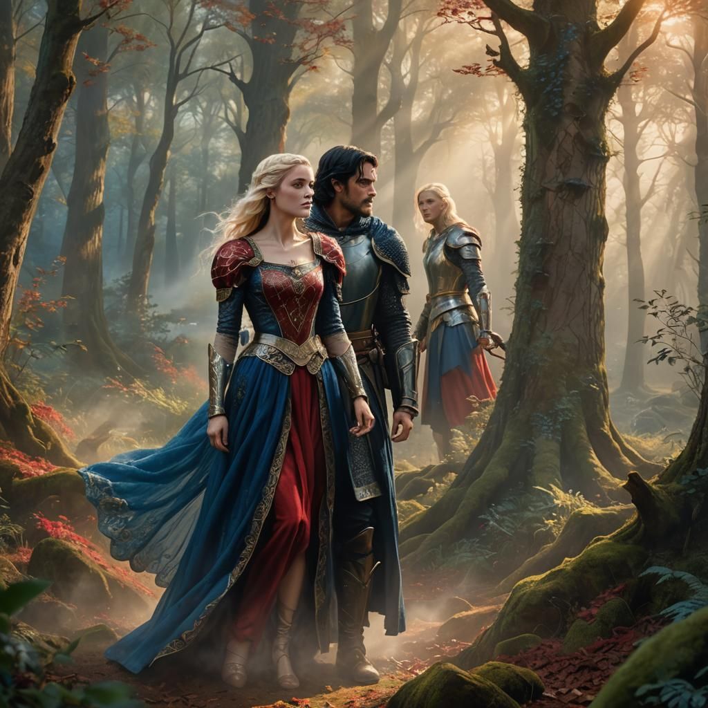 Mystical Forest Scene with Arthurian Figures in Kinkade Styl...