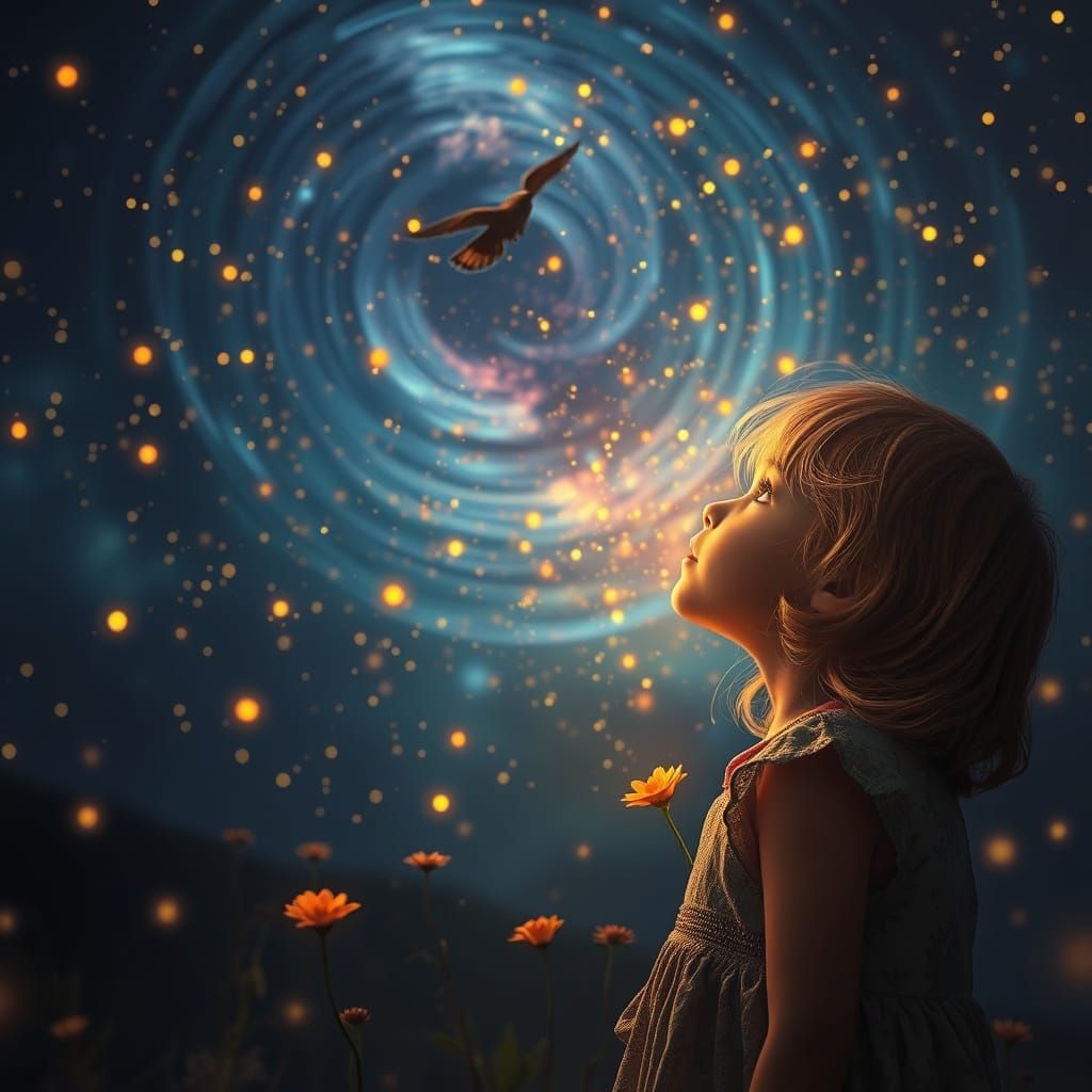 Little Girl Admires Ethereal Fireflies Dancing Amongst Bloom...