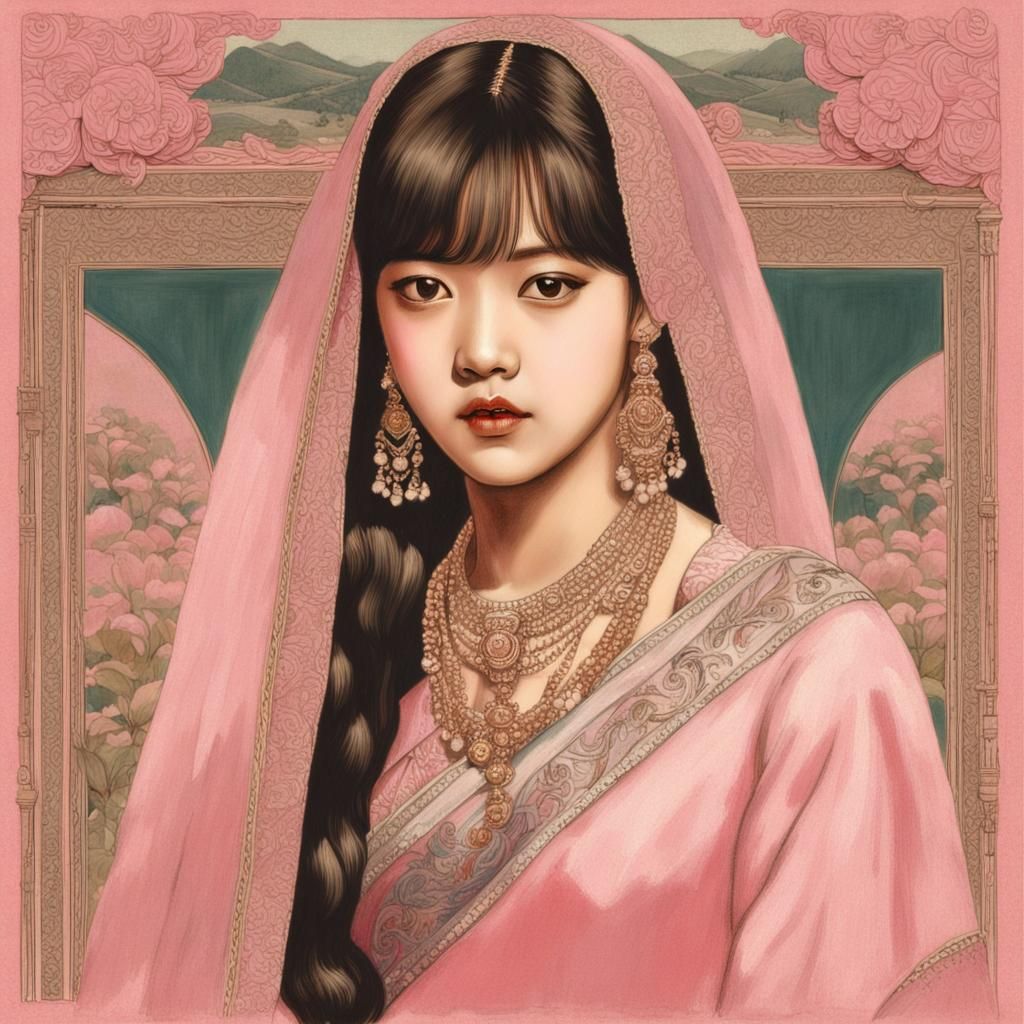 Lalisa Manoban in Pink Saree, Photorealistic Vintage Style