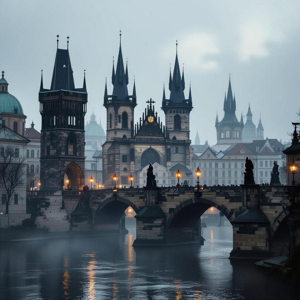 Misty Prague at Dusk: Gothic Spires and Romantic Bridges