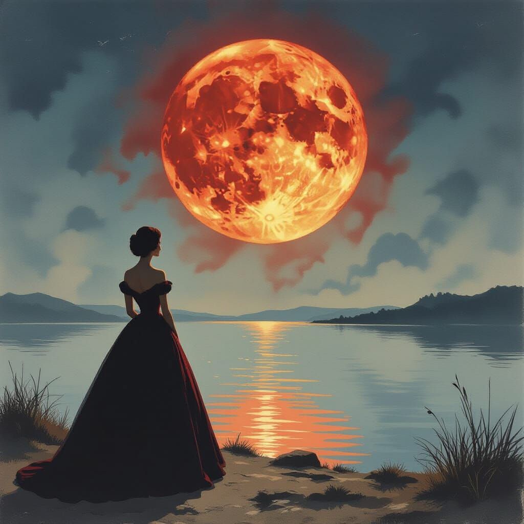 Woman in Ball Gown Watches Blood Red Moon in Surreal Style