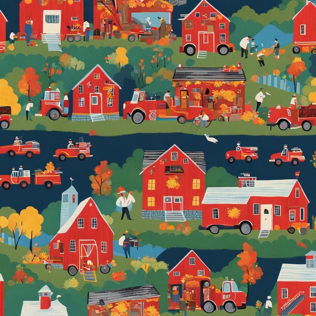 Whimsical Folk Art Firefighters in Rustic Countryside