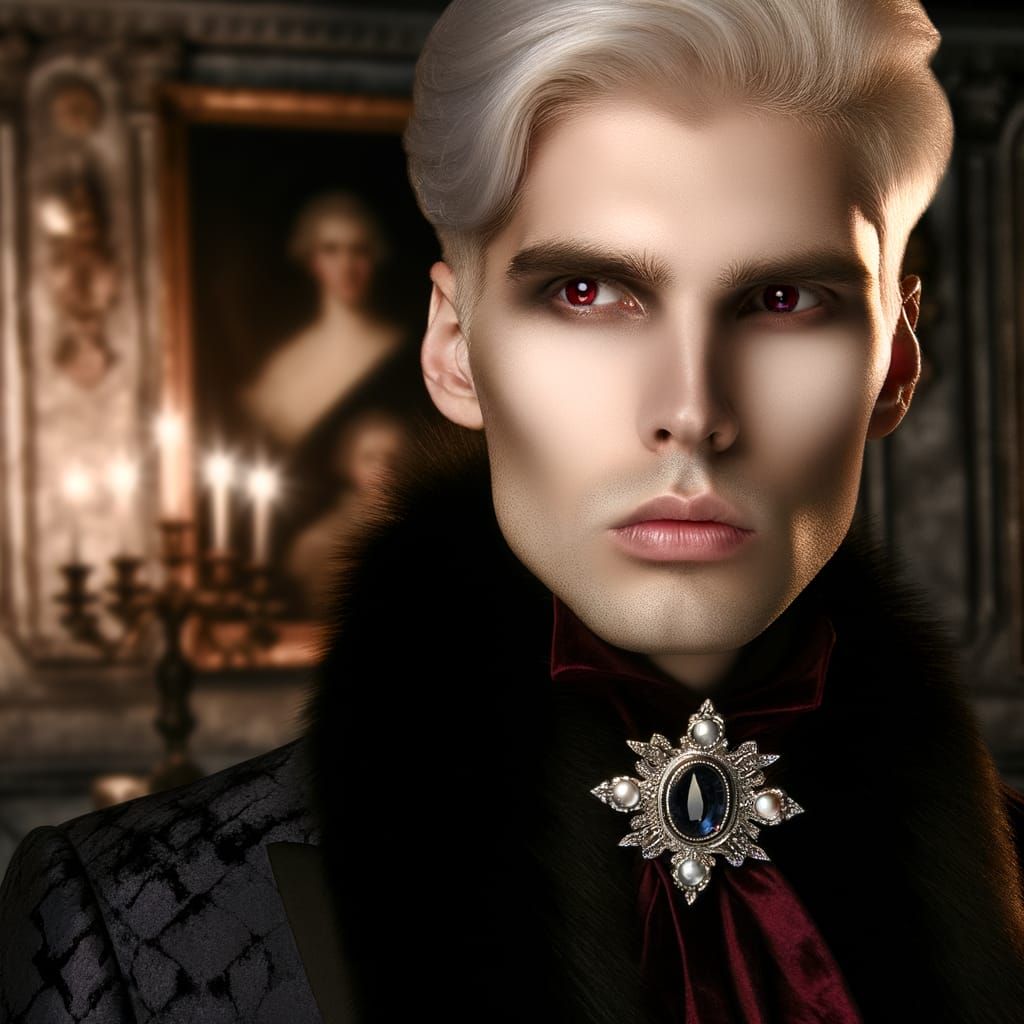 Man with Platinum Hair and Ruby Eyes in Velvet Coat