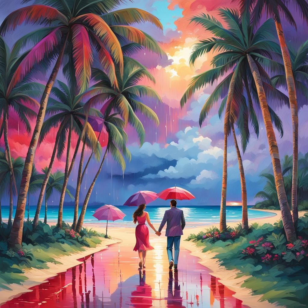 Romantic Beach Sunset in Gouache Style