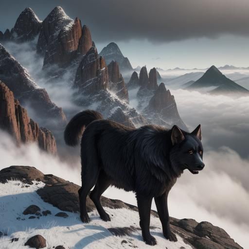Aidi Dog on Mountain Cliff in Digital Painting
