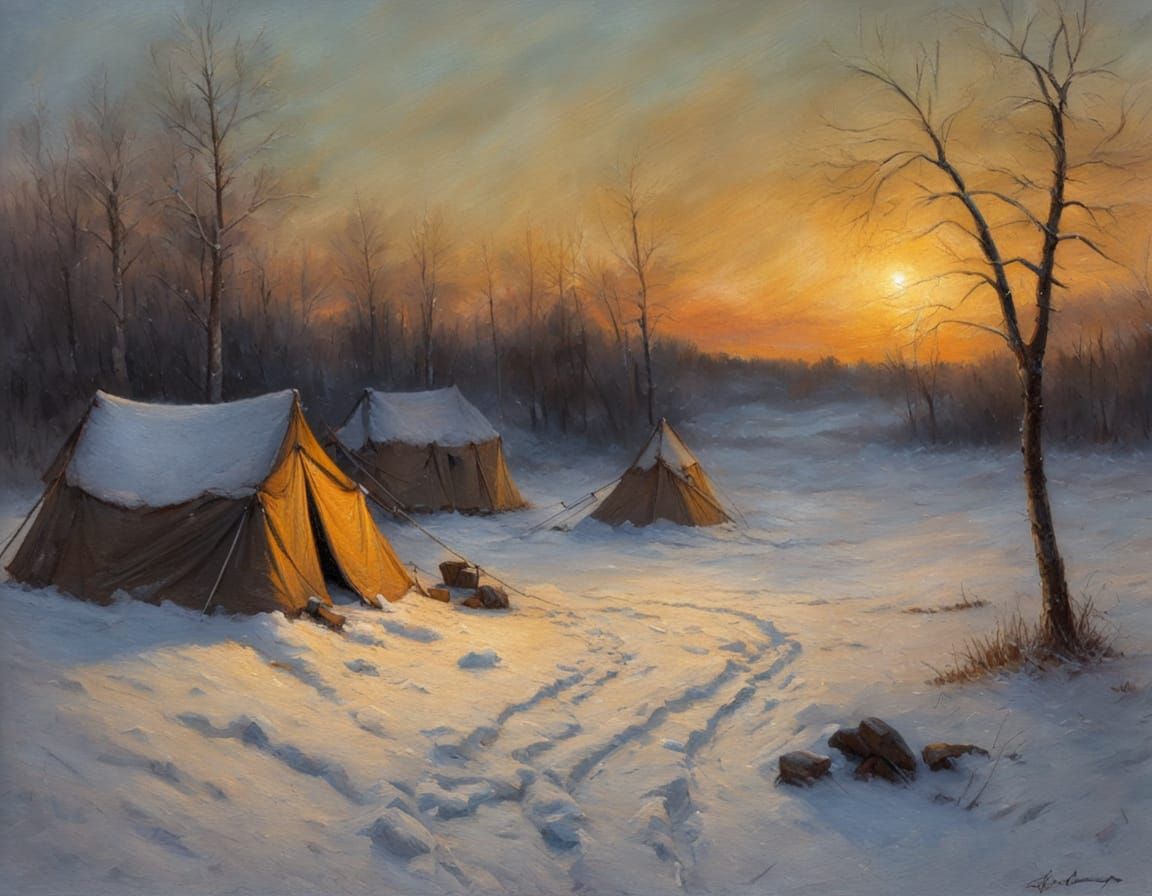 Snowy Campsite Sunset in Pictorial Style