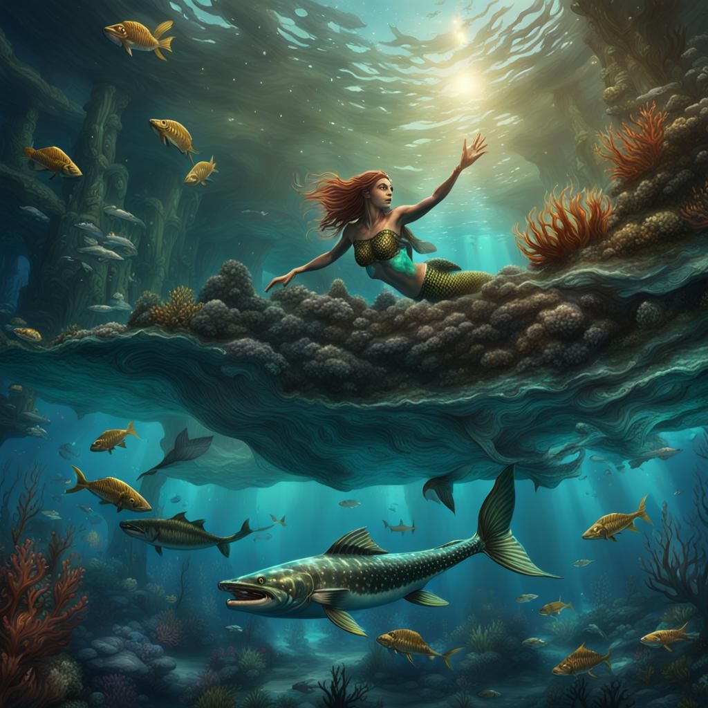 Mermaid and Barracuda in Fantastical Concept Art