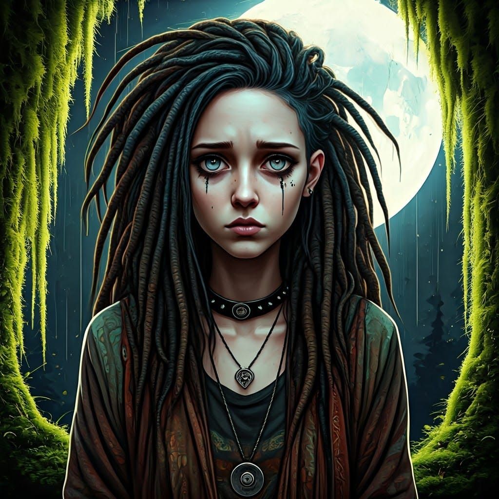 Sad Punk Girl with Vibrant Watercolor Illustration