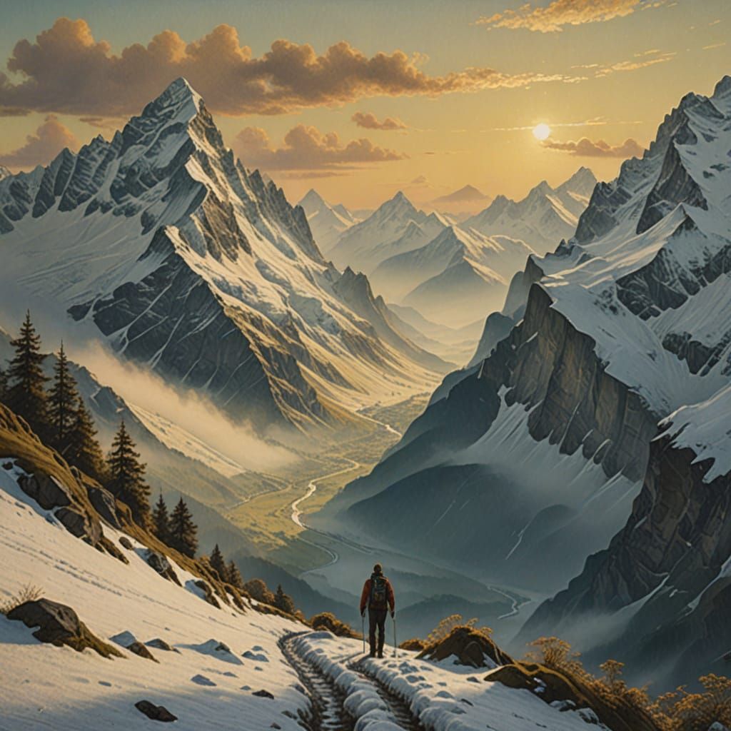 Ethereal Oil Painting of Swiss Alps at Golden Hour