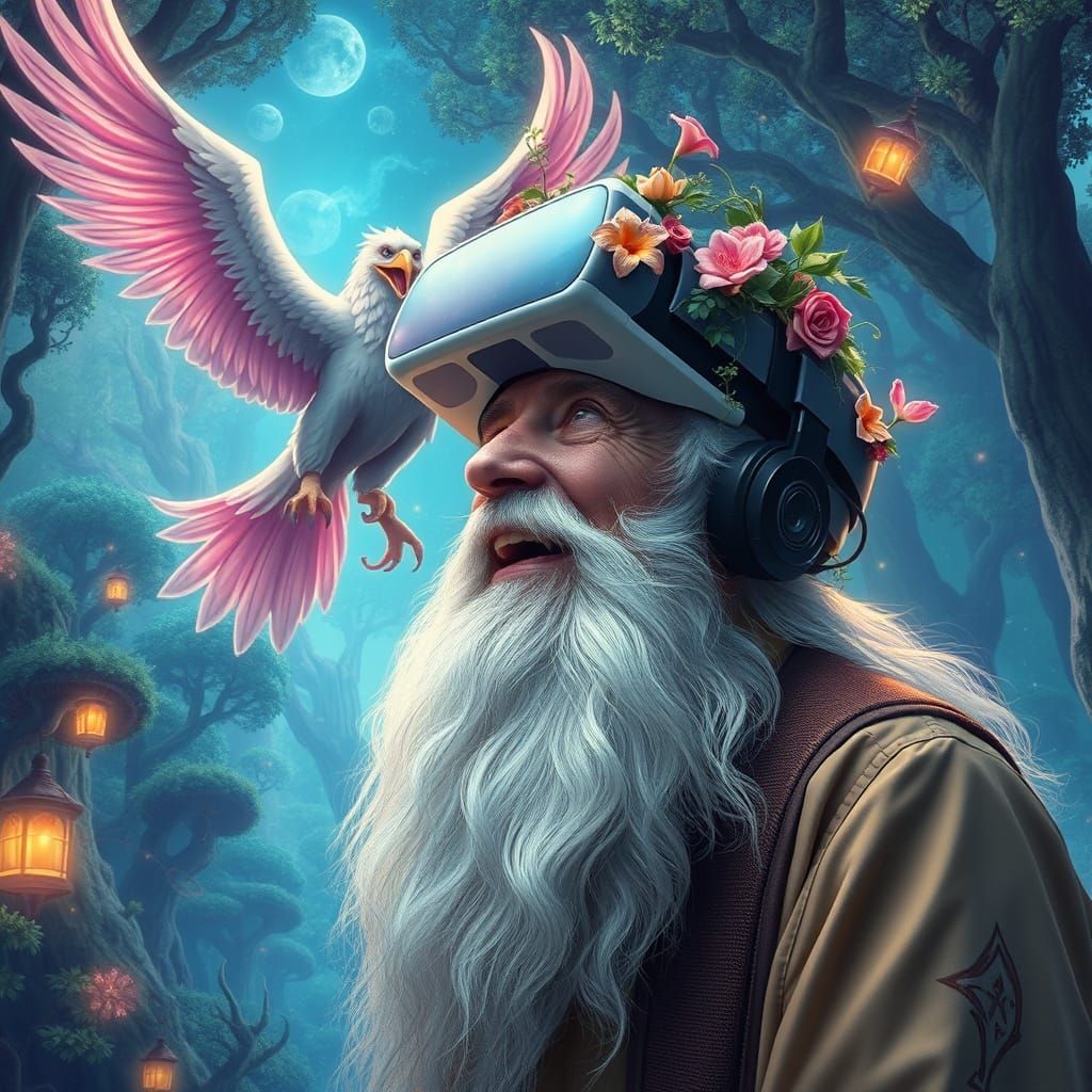 VR Elder Soaring on Griffin in Bioluminescent Forest