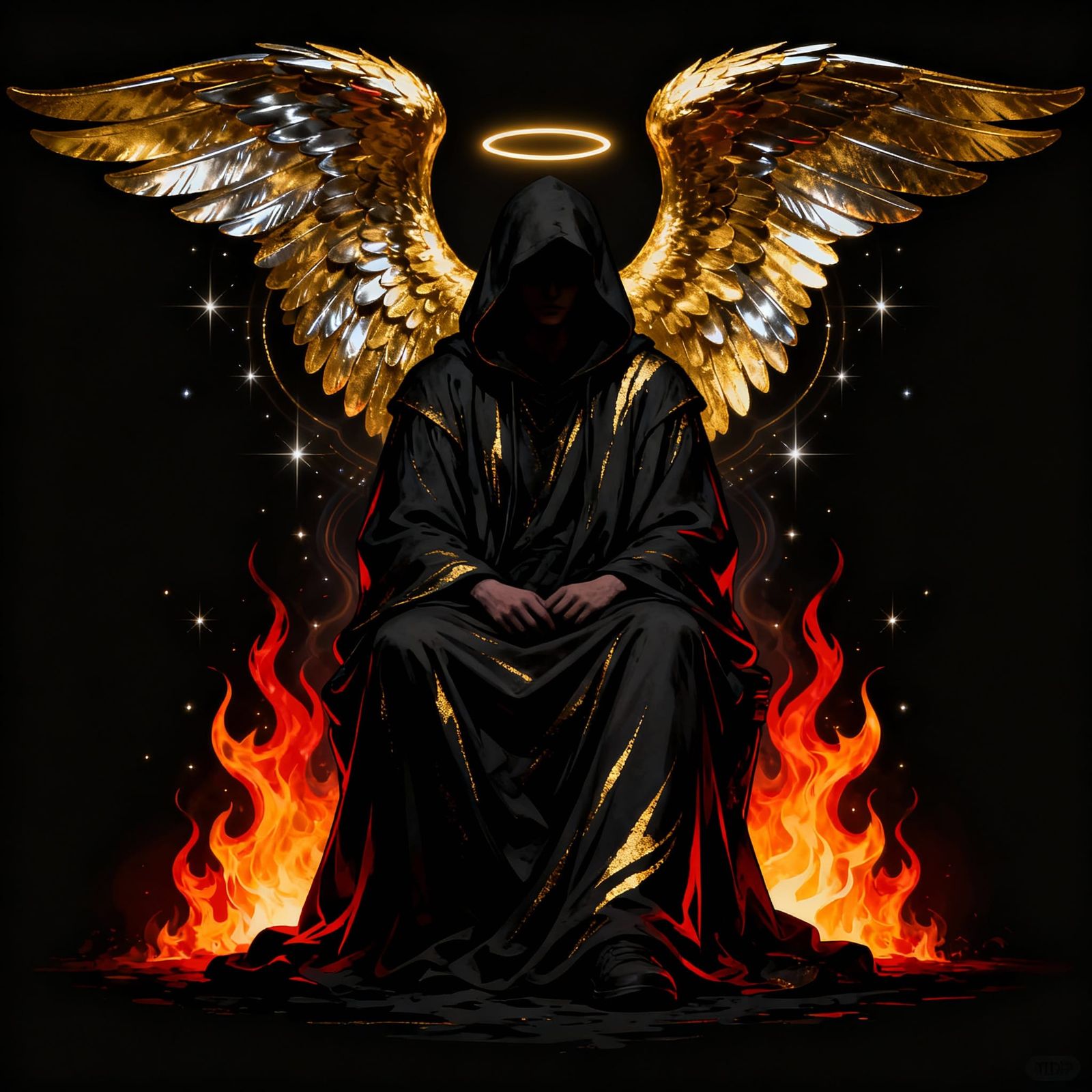 Majestic Dark Angel Seated in Grace with Fiery Halo