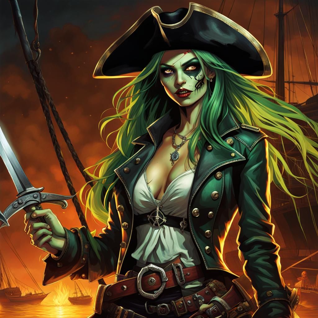 Zombie Pirate Woman on Burning Ship at Night